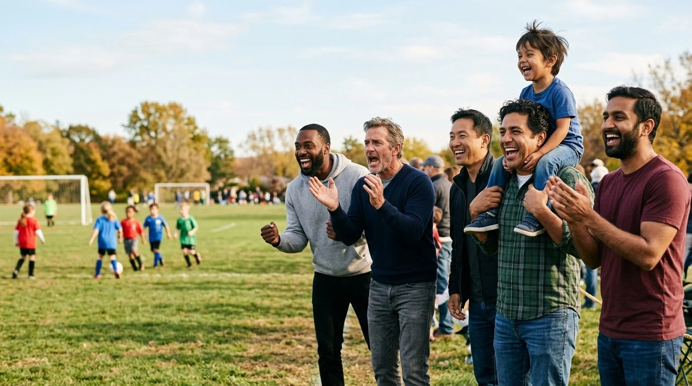 A group of dads cheering together at their kids' soccer game, one carrying his young son on his shoulders.