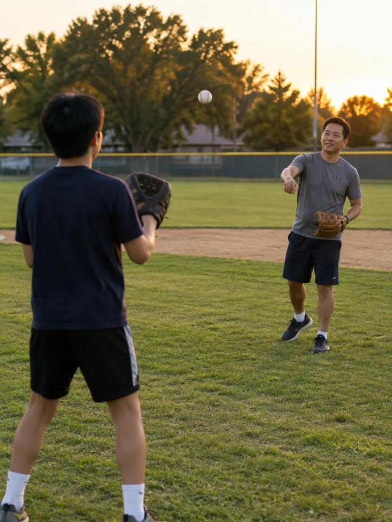 A father playing catch with a baseball and gloves with his teenage son at a local ball field